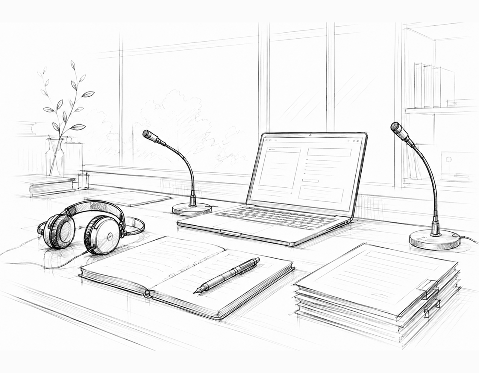 Un bureau partagé avec un casque, un carnet ouvert et son stylo, un ordinateur portable, deux microphones de conférence et une pile de documents.