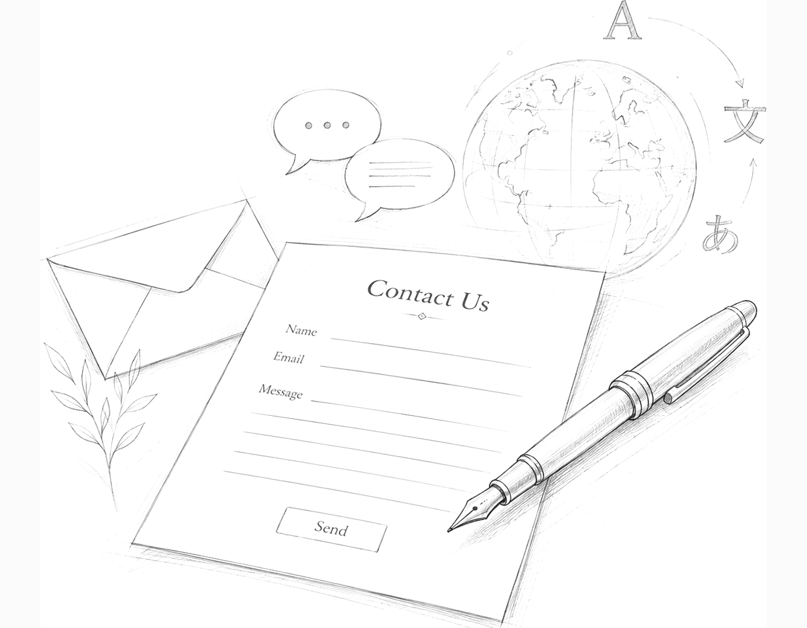 Un formulaire de contact posé sur un bureau, avec un stylo plume, une enveloppe ouverte, des bulles de dialogue et un globe entouré de caractères de plusieurs systèmes d’écriture.