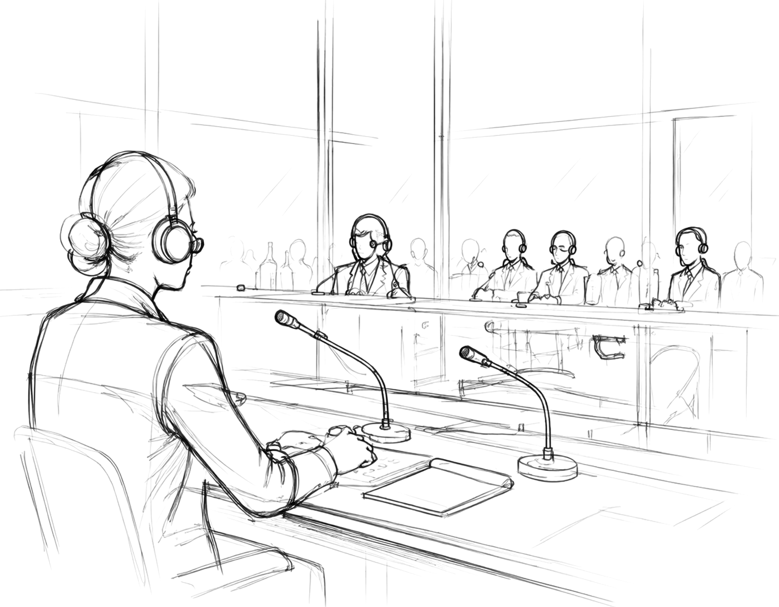Une interprète de conférence portant un casque, assise dans une cabine face à un panel d'intervenants.