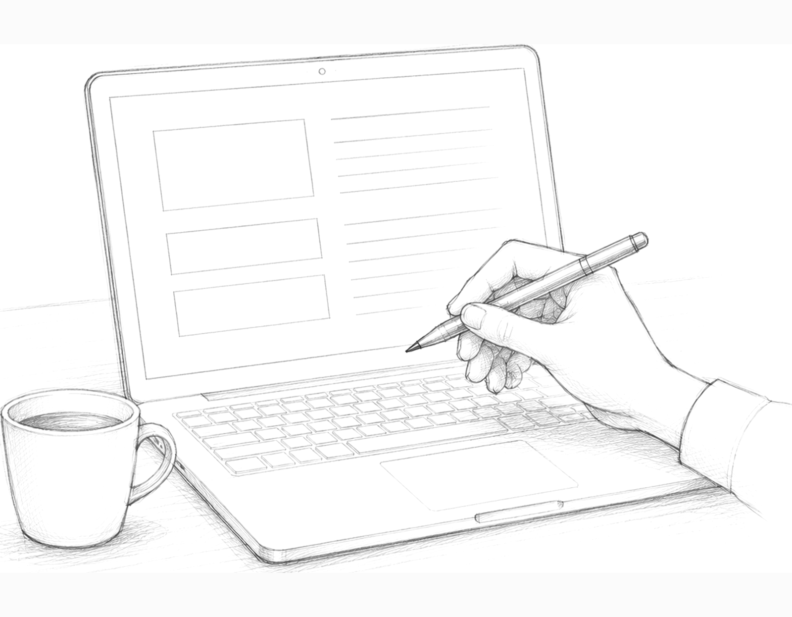 Une main tenant un stylo au-dessus d'un ordinateur portable affichant un texte en cours de révision, à côté d'une tasse de café.